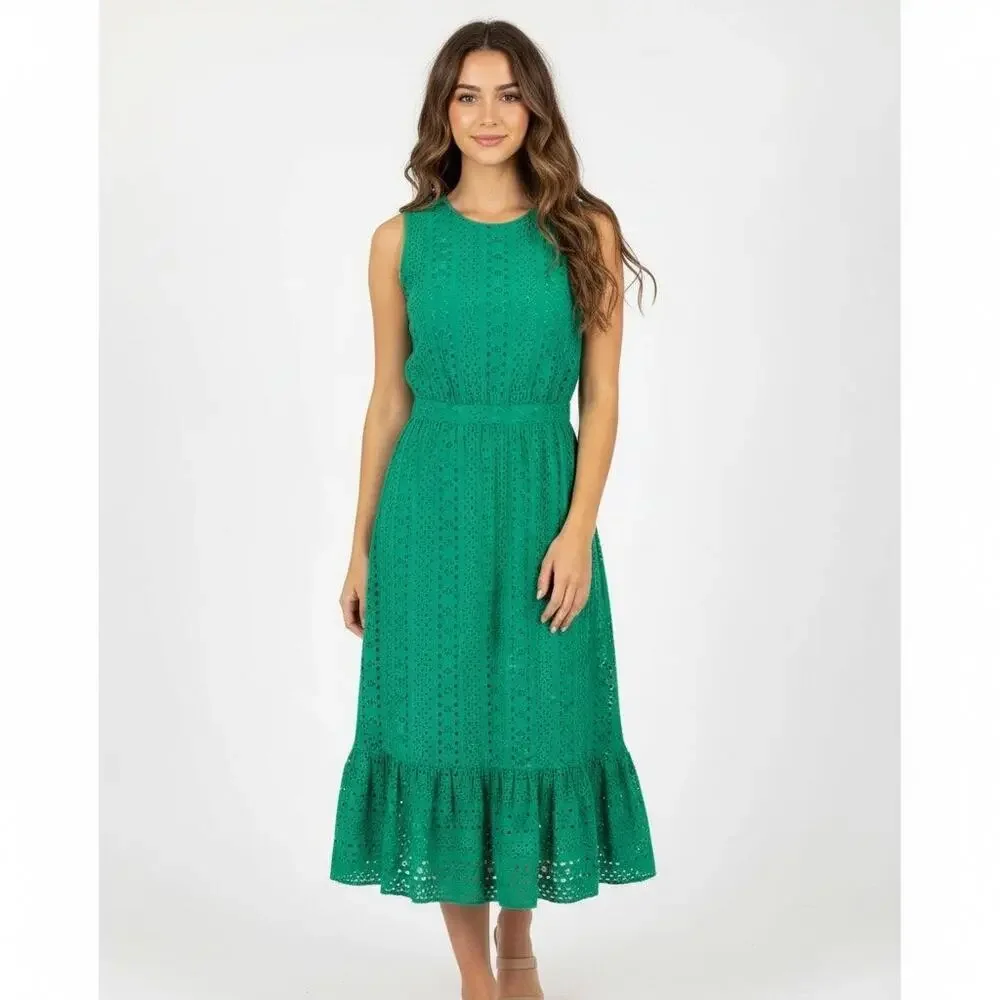 J.Crew Emerald Green Eyelet Midi Dress Ruffle Hem Resort Summer 100% Cotton 6 - Picture 1 of 10